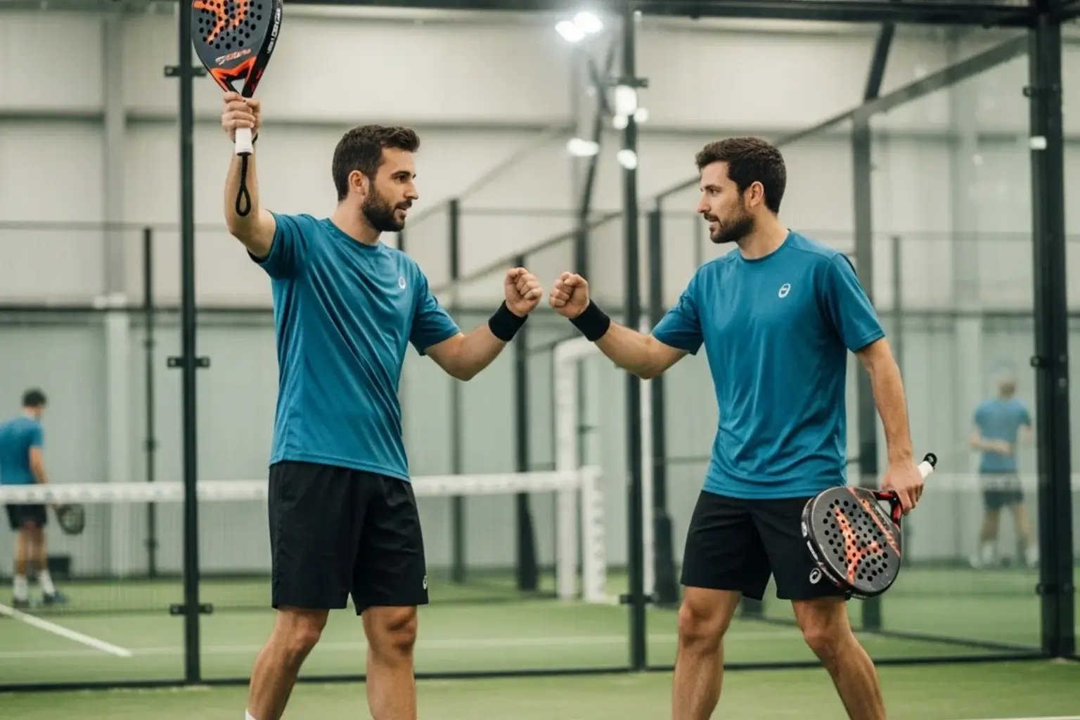 Pareja profesional de pádel celebrando un punto durante un torneo Premier Padel