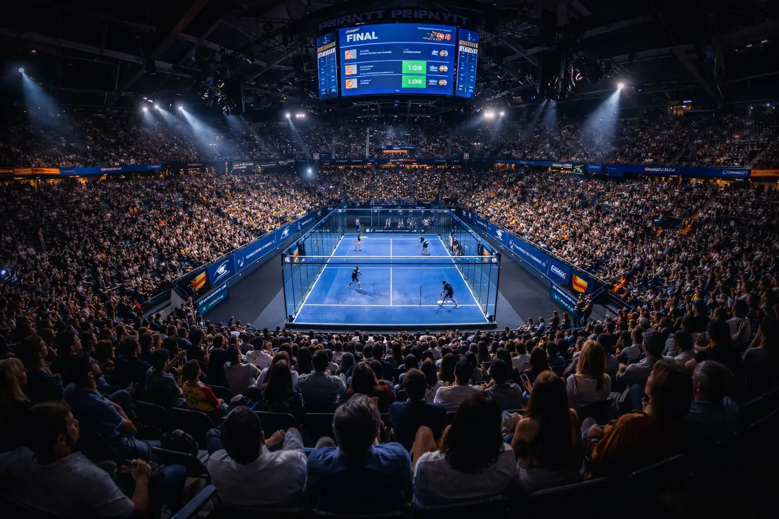 Vista panorámica de un estadio de pádel durante un Major de Premier Padel con gradas llenas de público