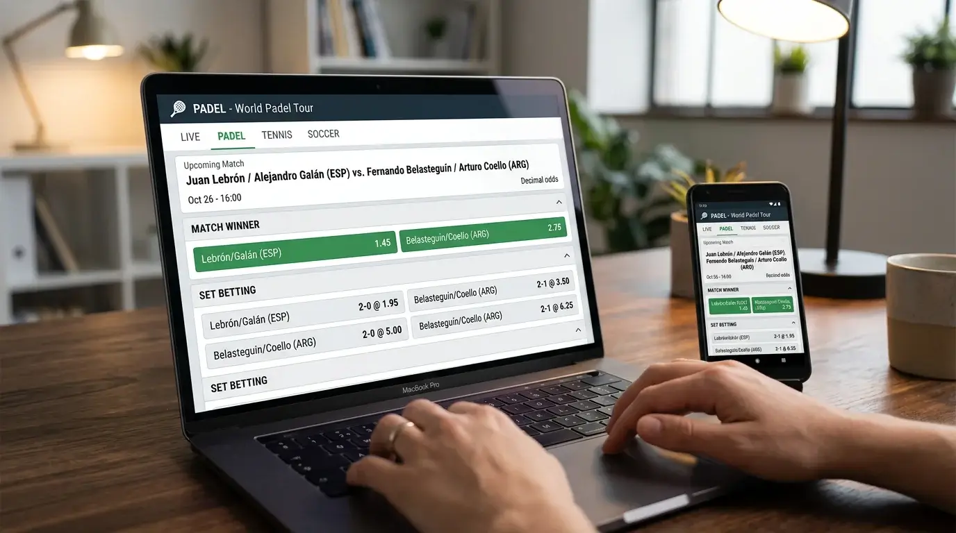 Pantalla de operador de apuestas mostrando mercados de un partido de pádel con cuotas en formato decimal