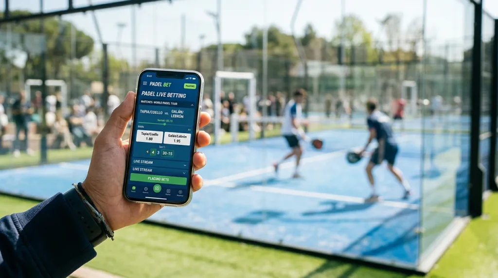 Mano sosteniendo un móvil con una app de apuestas deportivas junto a una pista de pádel