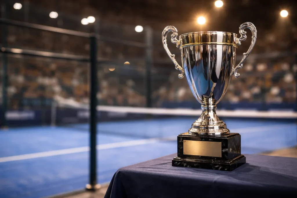 Trofeo de un torneo de pádel profesional sobre una mesa junto a la pista central