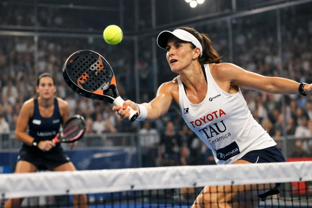 Dos jugadoras profesionales de pádel en acción durante un partido oficial en una pista de cristal iluminada