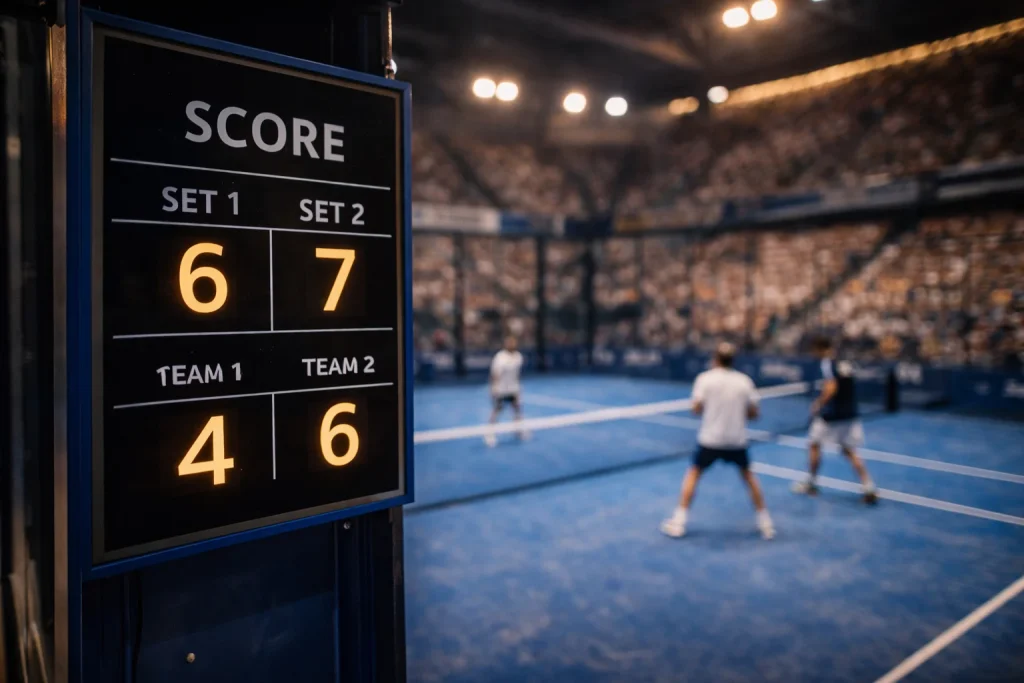 Marcador de un partido de pádel mostrando resultado por sets en una pantalla junto a la pista