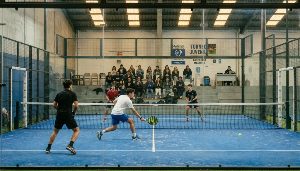 Partido de pádel en un torneo menor con jugadores compitiendo en una pista indoor