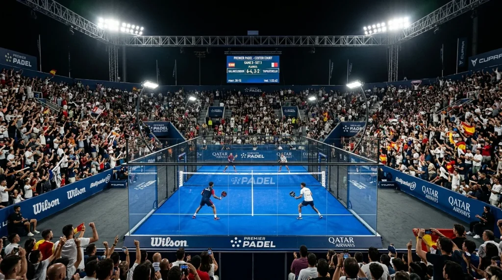 Pista central de un torneo Premier Padel con grada llena de espectadores y marcador electrónico visible