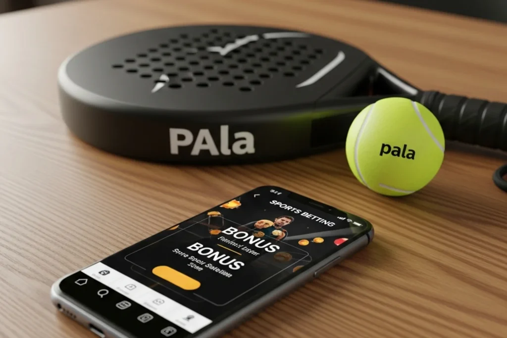 Pantalla de móvil mostrando una promoción de apuestas deportivas junto a una pala de pádel sobre una mesa