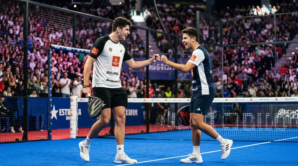 Dos jugadores profesionales de pádel celebrando un punto en una pista de cristal durante un torneo
