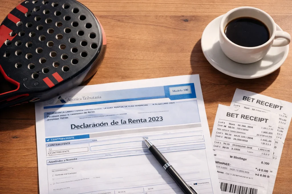 Escritorio con formulario de declaración de la renta española junto a una pala de pádel y recibos de apuestas