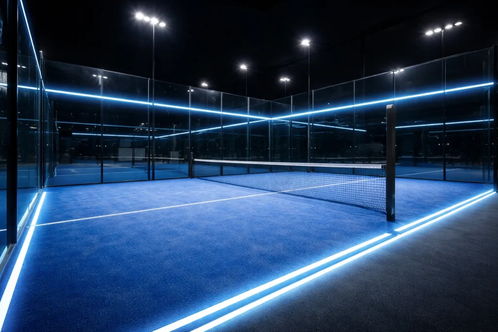 Pista de pádel moderna con iluminación nocturna y tecnología de tracking en el suelo
