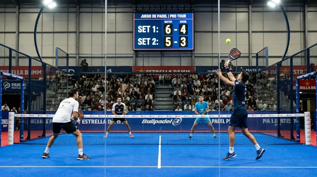 Partido de pádel profesional con marcador electrónico mostrando un resultado ajustado en una pista de cristal