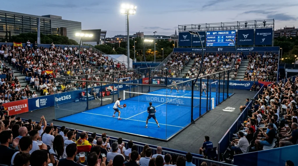 Pista de pádel profesional con gradas llenas de espectadores durante un torneo en España
