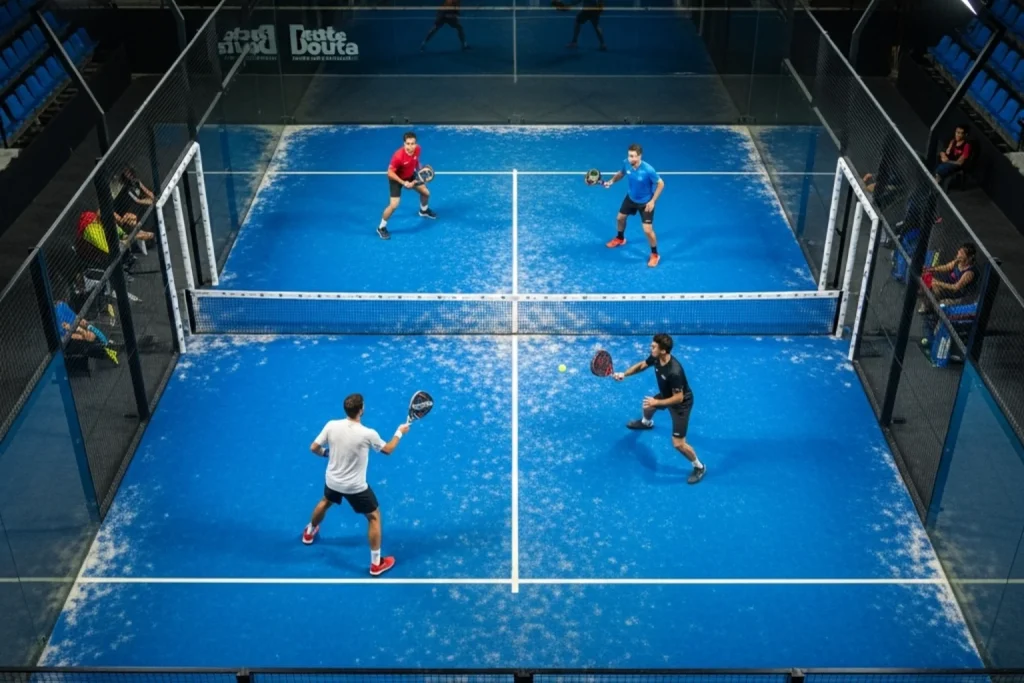 Vista cenital de una pista de pádel profesional con cuatro jugadores disputando un punto largo durante un torneo
