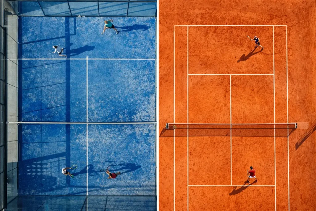 Pista de pádel de cristal junto a una pista de tenis de tierra batida vistas en paralelo desde el aire