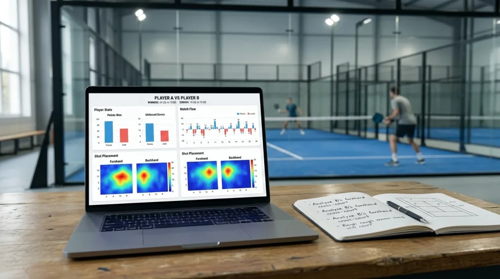 Pantalla de ordenador portátil con estadísticas de pádel profesional y una libreta de notas junto a una pista de pádel de cristal