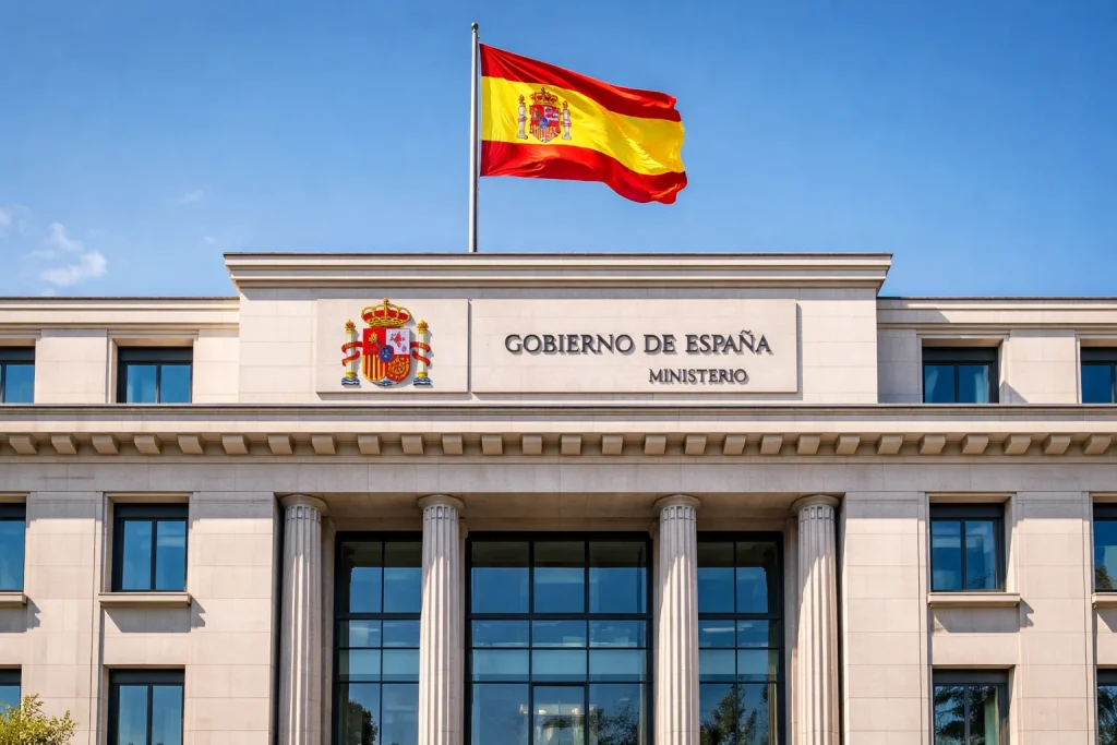 Fachada de un edificio institucional español con bandera de España relacionado con la regulación del juego online