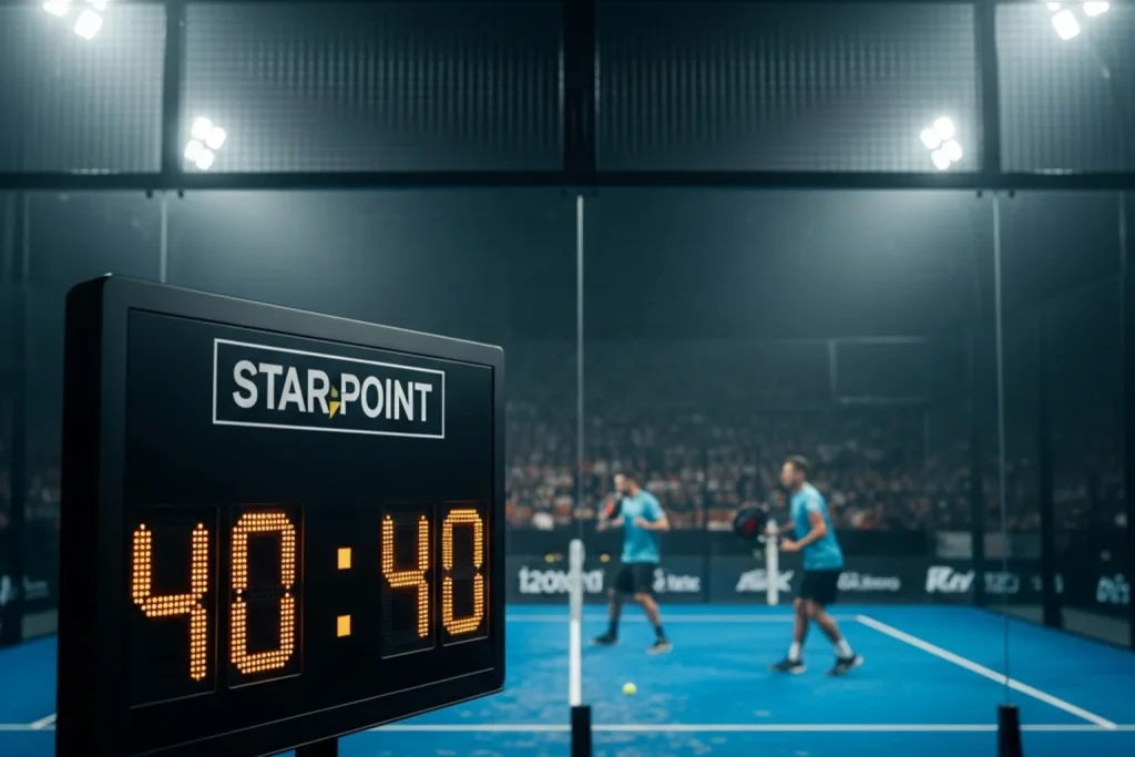 Marcador de un partido de pádel mostrando 40-40 en un momento decisivo de Star Point bajo focos del estadio